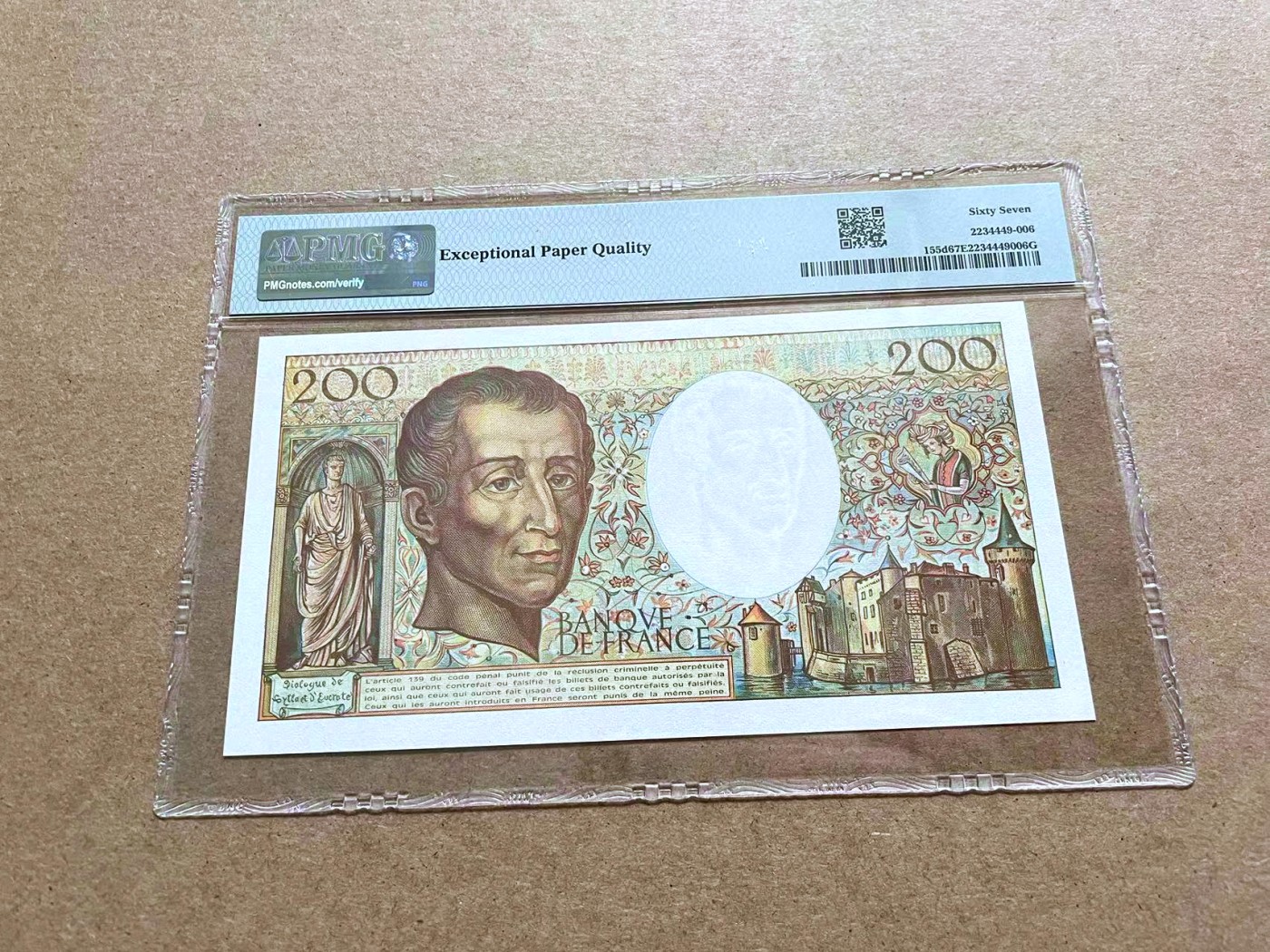 【Blue Auction】✨世界纸币精拍第433期【精】  法国 1990-91年200法郎 PMG67EPQ 高分 孟德斯鸠