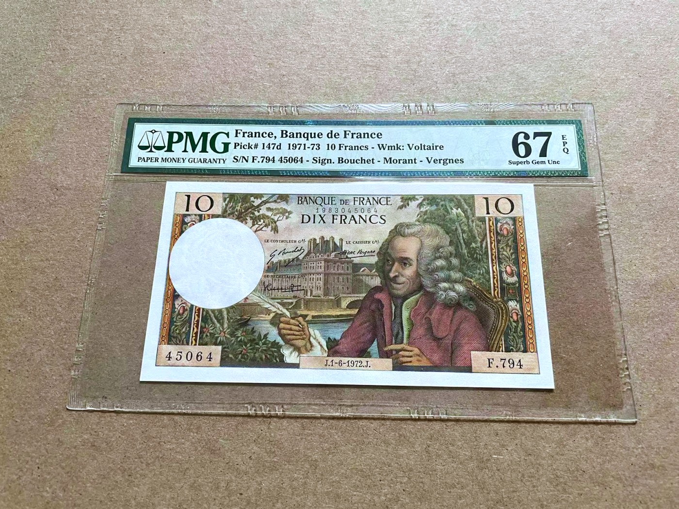 【Blue Auction】✨世界纸币精拍第433期【精】 法国 1972年10法郎 PMG67EPQ 高分 伏尔泰