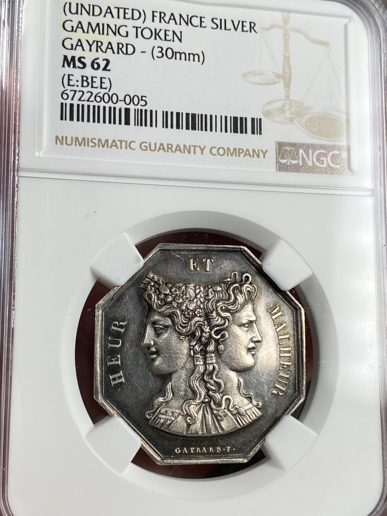 万国钱币拍卖第021期（龙年首拍） NGC MS61 二十世纪初罕见样式法国双面人赌场银质八角代币