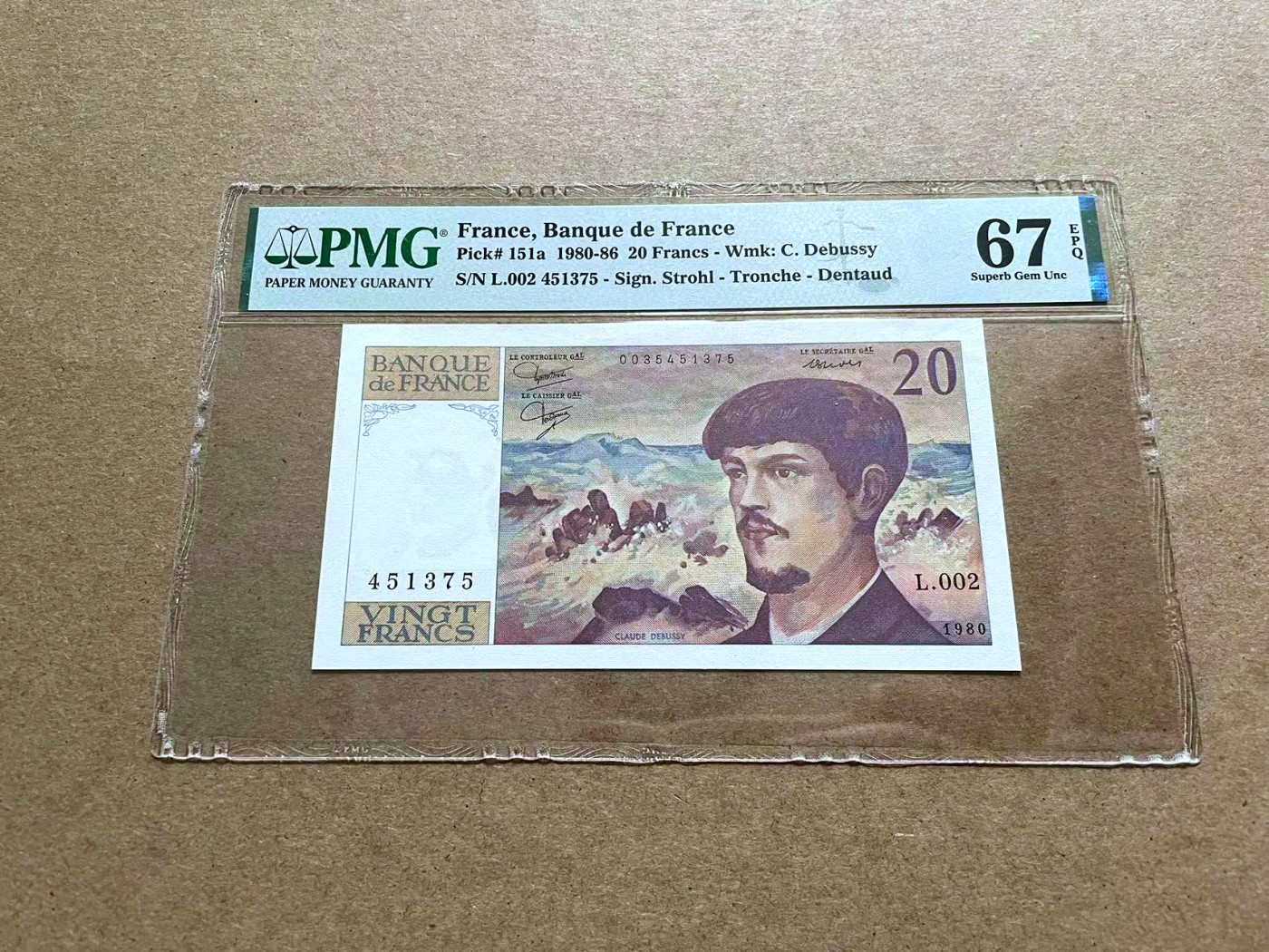 【Blue Auction】✨世界纸币精拍第433期【精】  【首年】法国 1980年20法郎 PMG67EPQ 高分