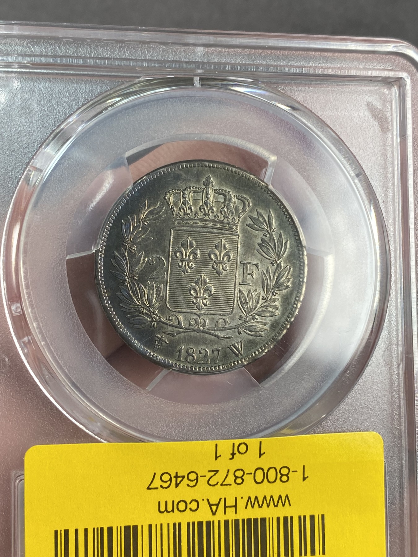 万国钱币拍卖第021期（龙年首拍） PCGS MS63 1827年法国查理十世流通2法郎 极致的镜面通体金彩状态 实物状态炸裂 2法郎好品极难 PCGS唯一冠军