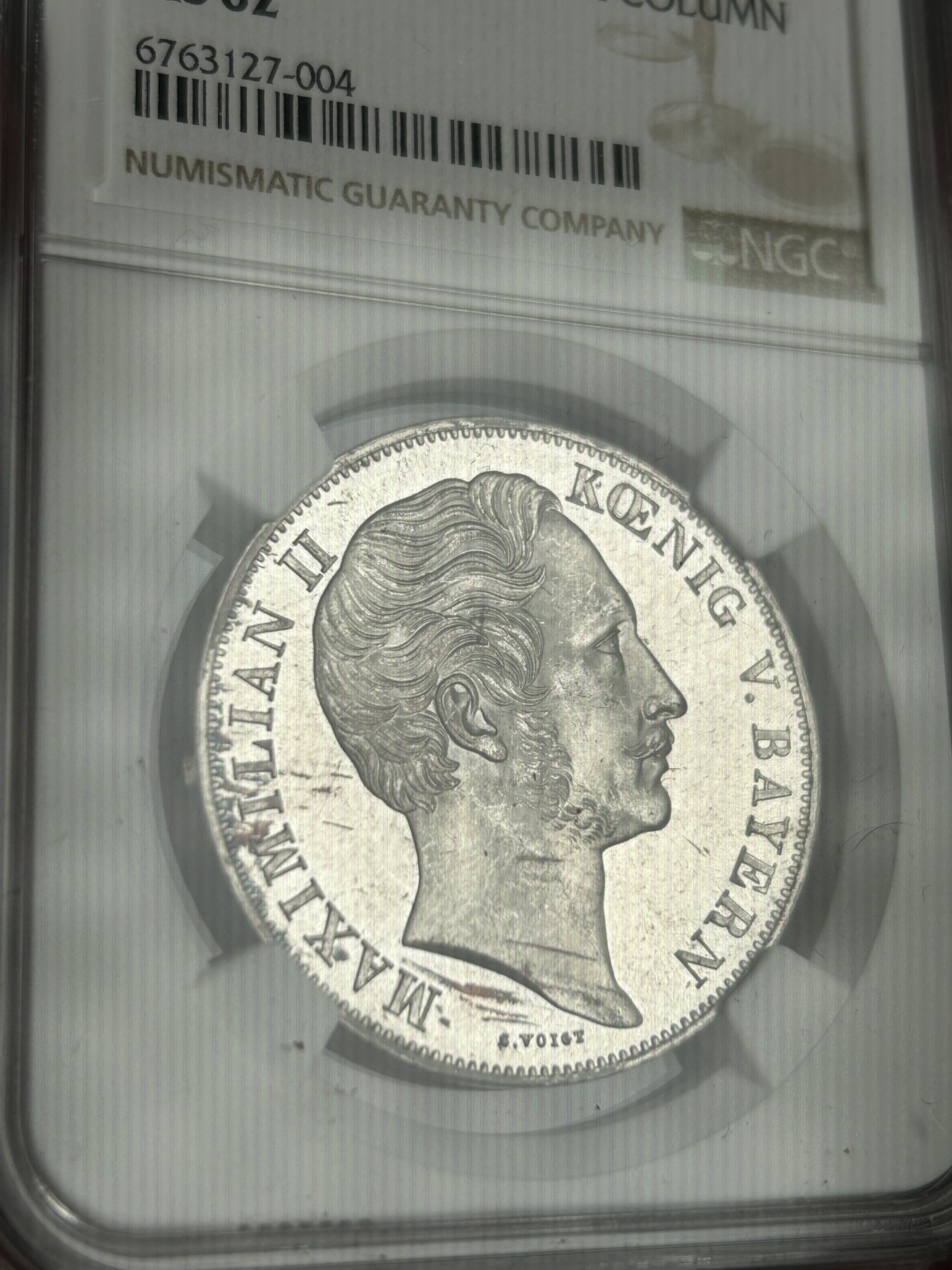 万国钱币拍卖第021期（龙年首拍） NGC MS62 1855年德国巴伐利亚马克西米利安二世圣母抱婴2古尔登大银币 镜面五彩 分数略有低评