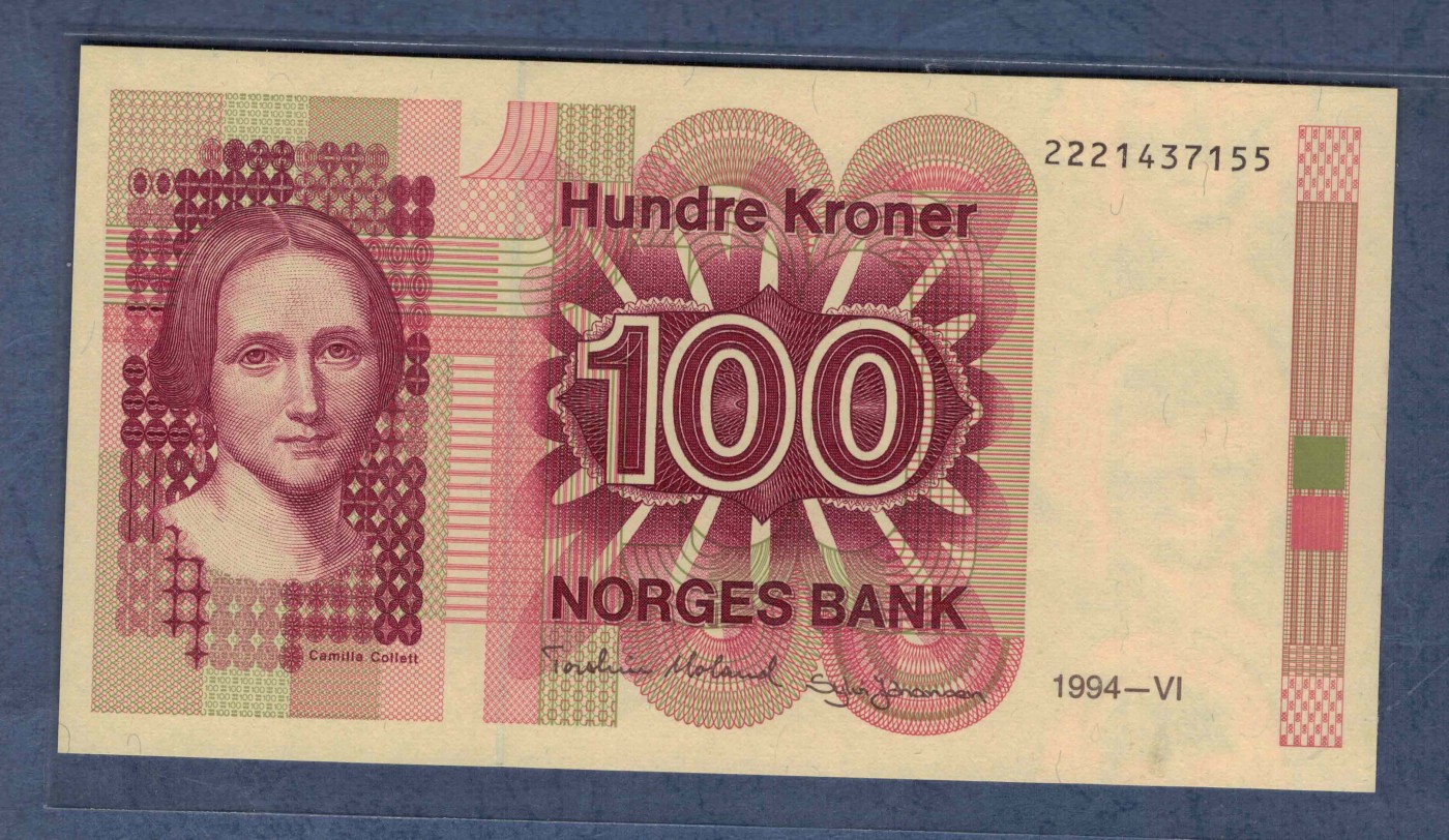 挪威1994年100克朗 222豹子头 55双尾 P-43e 欧洲纸币 实物图 UNC