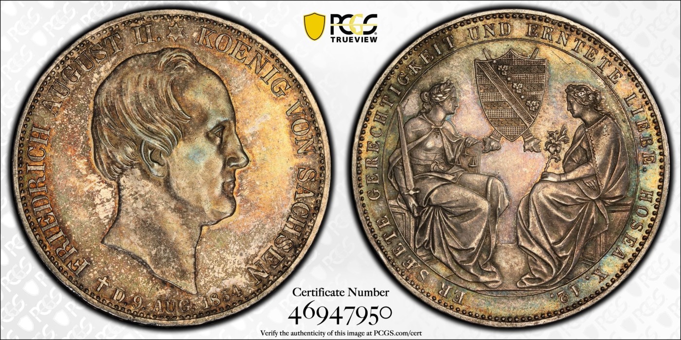 万国钱币拍卖第021期（龙年首拍） PCGS AU58+ 1854年德国萨克森奥古斯特二世逝世双神纪念2泰勒 双面五彩