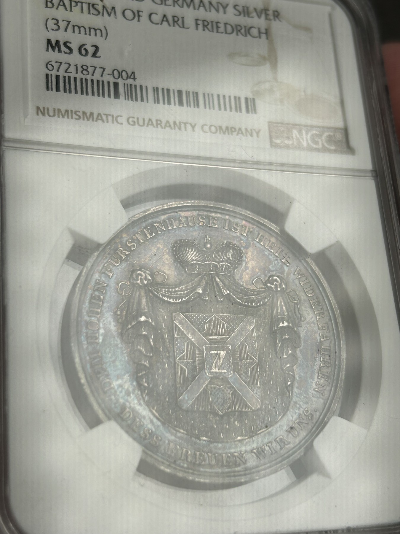 万国钱币拍卖第021期（龙年首拍） NGC MS62 1840年德国卡尔.弗雷德里希洗礼银章，原味黑彩。
