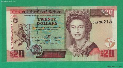 伯利兹(伯里兹)1997年20元 无47 美洲纸币 实物图 UNC - 伯利兹(伯里兹)1997年20元 无47 美洲纸币 实物图 UNC