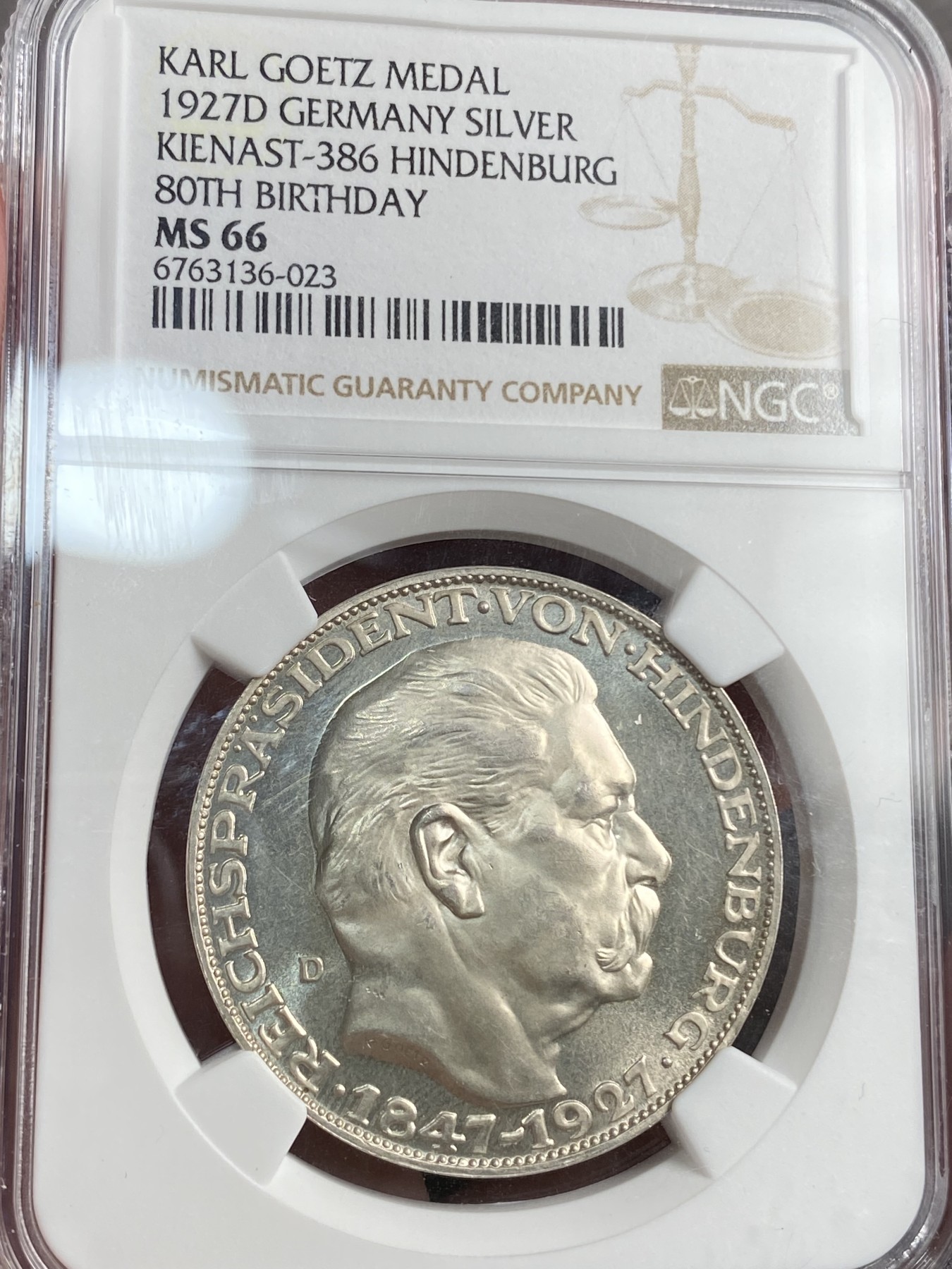 万国钱币拍卖第021期（龙年首拍） NGC MS66 1927年德国魏玛共和国兴登堡总统80大寿纪念流通5马克币章 顶级品质