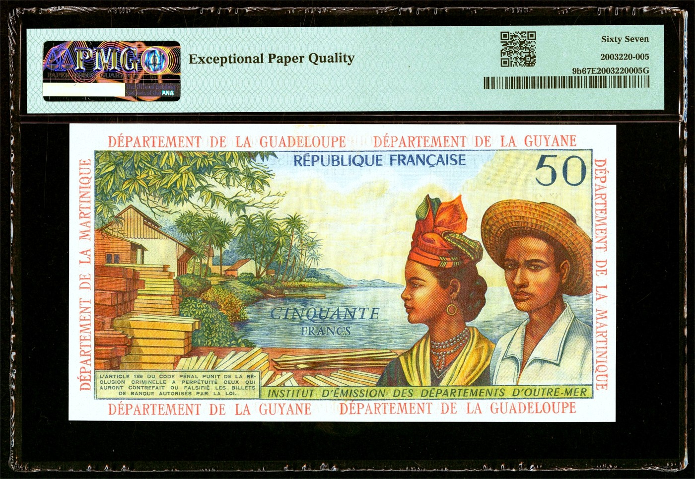 【Blue Auction】✨世界纸币精拍第433期【精】    【倒置号】法属安的列斯 1964年50法郎 扛香蕉 色彩艳丽 风景唯美 PMG67EPQ 高分少见  