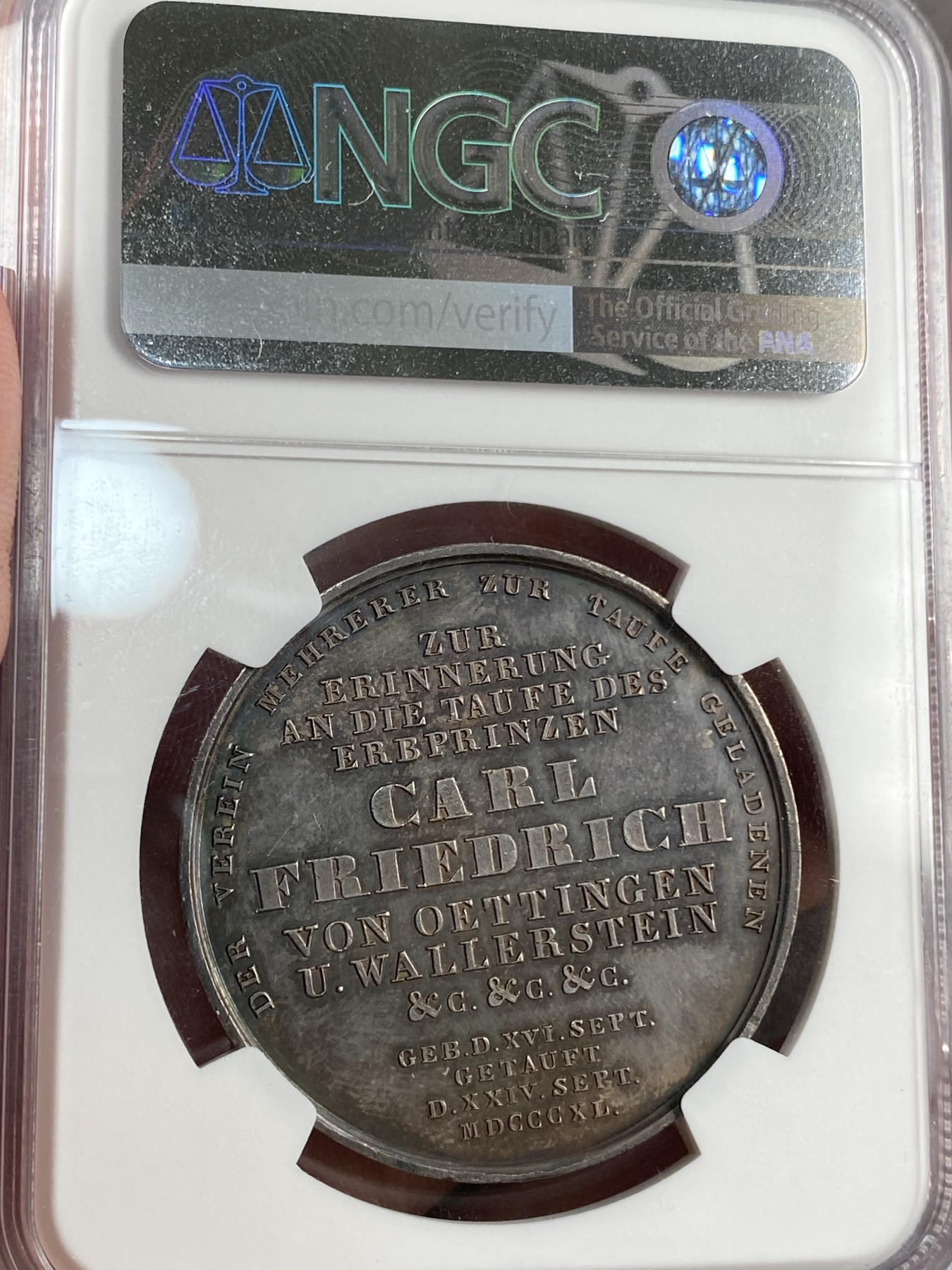 万国钱币拍卖第021期（龙年首拍） NGC MS62 1840年德国卡尔.弗雷德里希洗礼银章，原味黑彩。