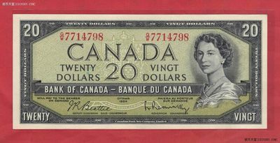 加拿大1954年版(1961年至1970年)20元 P-80b 美洲纸币 实物图 UNC - 加拿大1954年版(1961年至1970年)20元 P-80b 美洲纸币 实物图 UNC