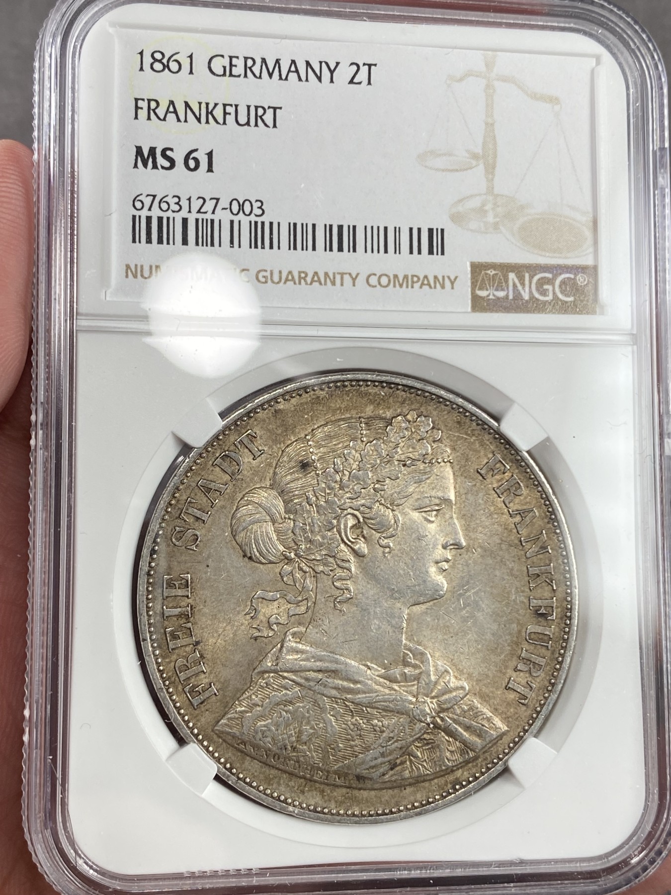 万国钱币拍卖第021期（龙年首拍） NGC MS61 1861年德国法兰克福少女2泰勒 极致的原味状态非常好
