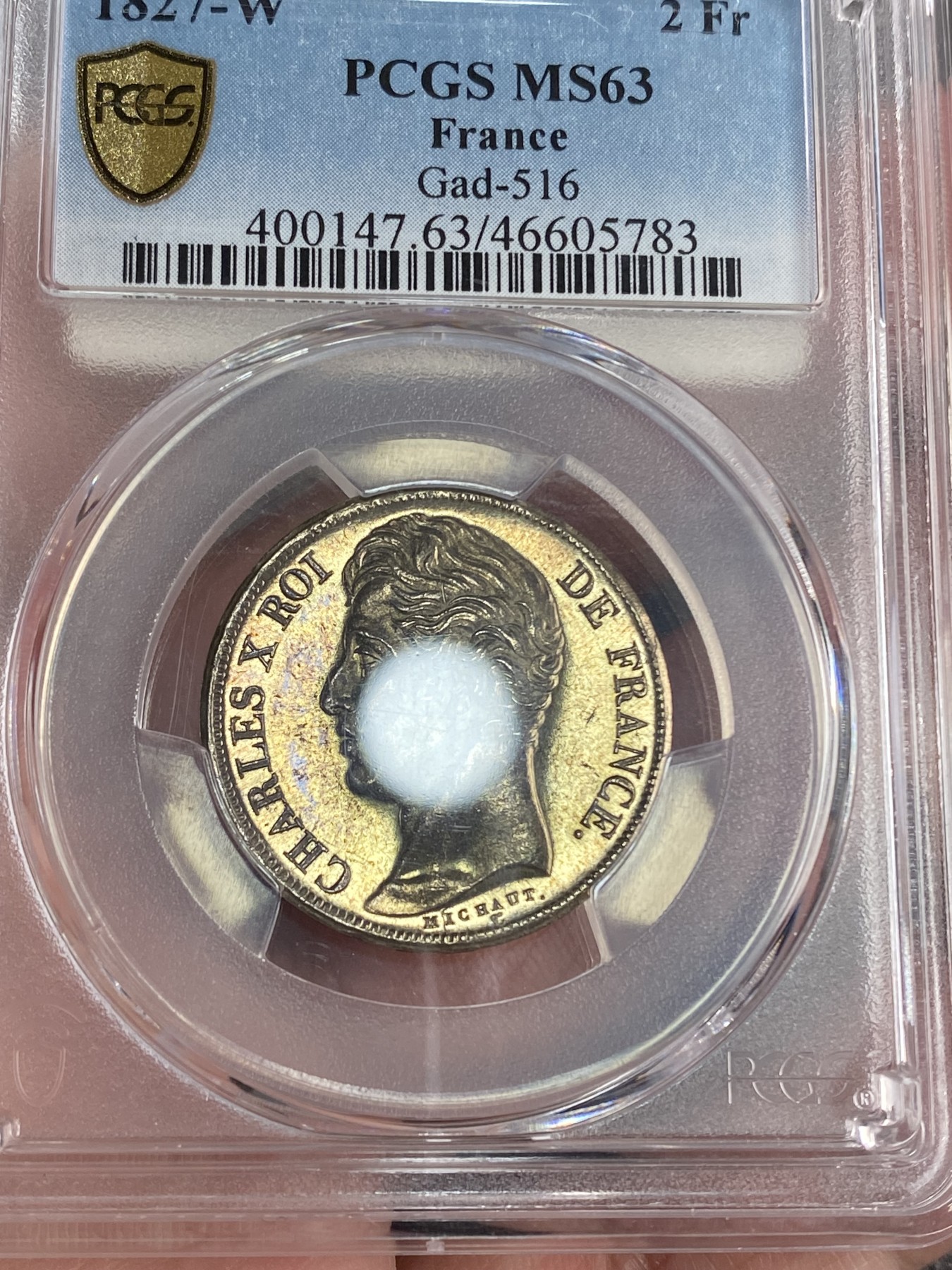 万国钱币拍卖第021期（龙年首拍） PCGS MS63 1827年法国查理十世流通2法郎 极致的镜面通体金彩状态 实物状态炸裂 2法郎好品极难 PCGS唯一冠军