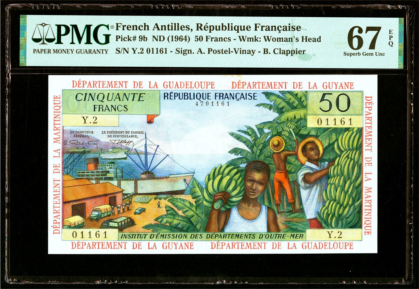 【Blue Auction】✨世界纸币精拍第433期【精】    【倒置号】法属安的列斯 1964年50法郎 扛香蕉 色彩艳丽 风景唯美 PMG67EPQ 高分少见  