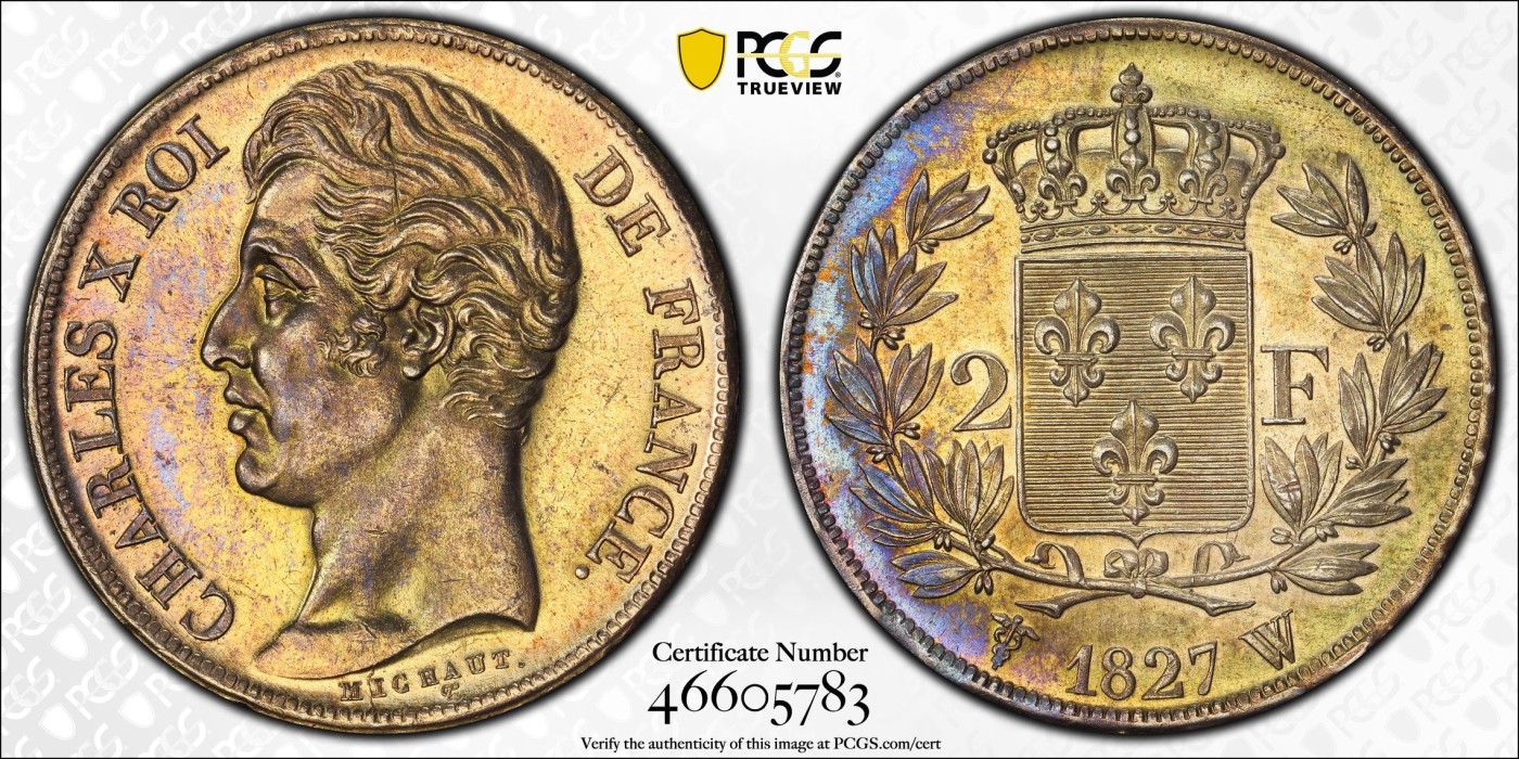 万国钱币拍卖第021期（龙年首拍） PCGS MS63 1827年法国查理十世流通2法郎 极致的镜面通体金彩状态 实物状态炸裂 2法郎好品极难 PCGS唯一冠军