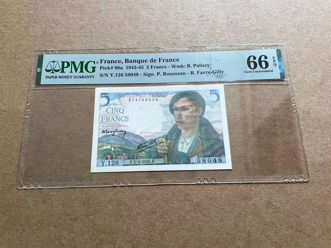 【Blue Auction】✨世界纸币精拍第433期【精】 法国 1945年5法郎 PMG66EPQ 