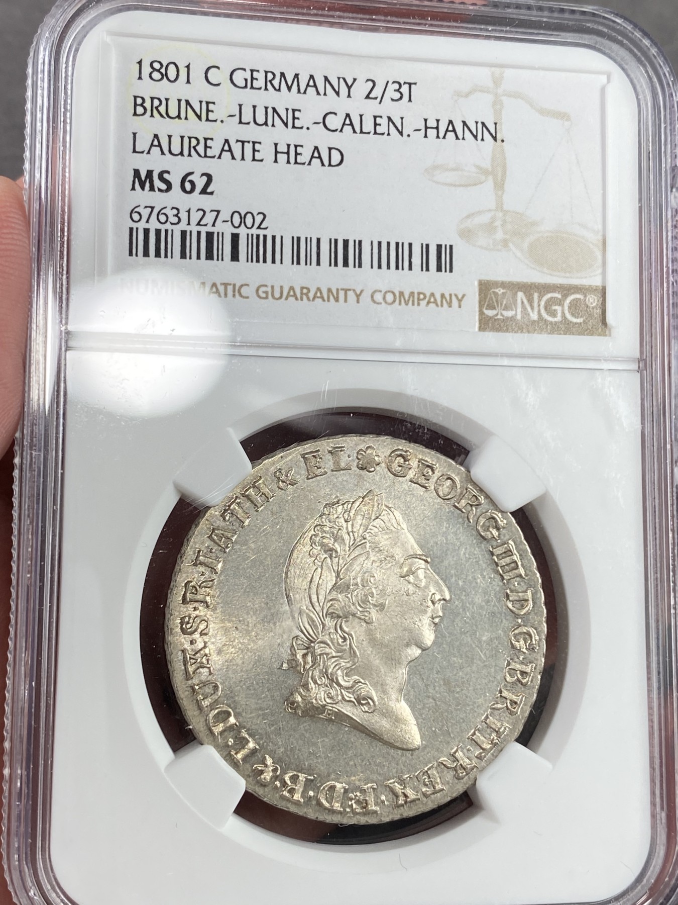 万国钱币拍卖第021期（龙年首拍） NGC MS62 1801年英国共主德国不伦瑞克-吕讷堡-卡伦堡-汉诺威乔治三世2/3泰勒大银币 除了有强烈的喷砂感外 高点近乎完美 N&P唯一评级记录  分数大概还有上升空间