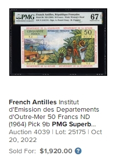 【Blue Auction】✨世界纸币精拍第433期【精】    【倒置号】法属安的列斯 1964年50法郎 扛香蕉 色彩艳丽 风景唯美 PMG67EPQ 高分少见  