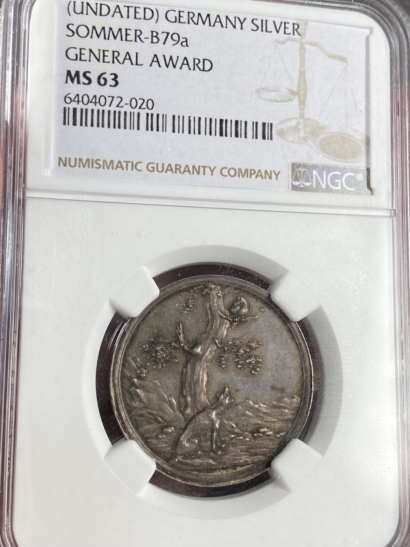 万国钱币拍卖第021期（龙年首拍） NGC MS63  十八世纪德国寓言故事“乌鸦与狐狸”纪念银章