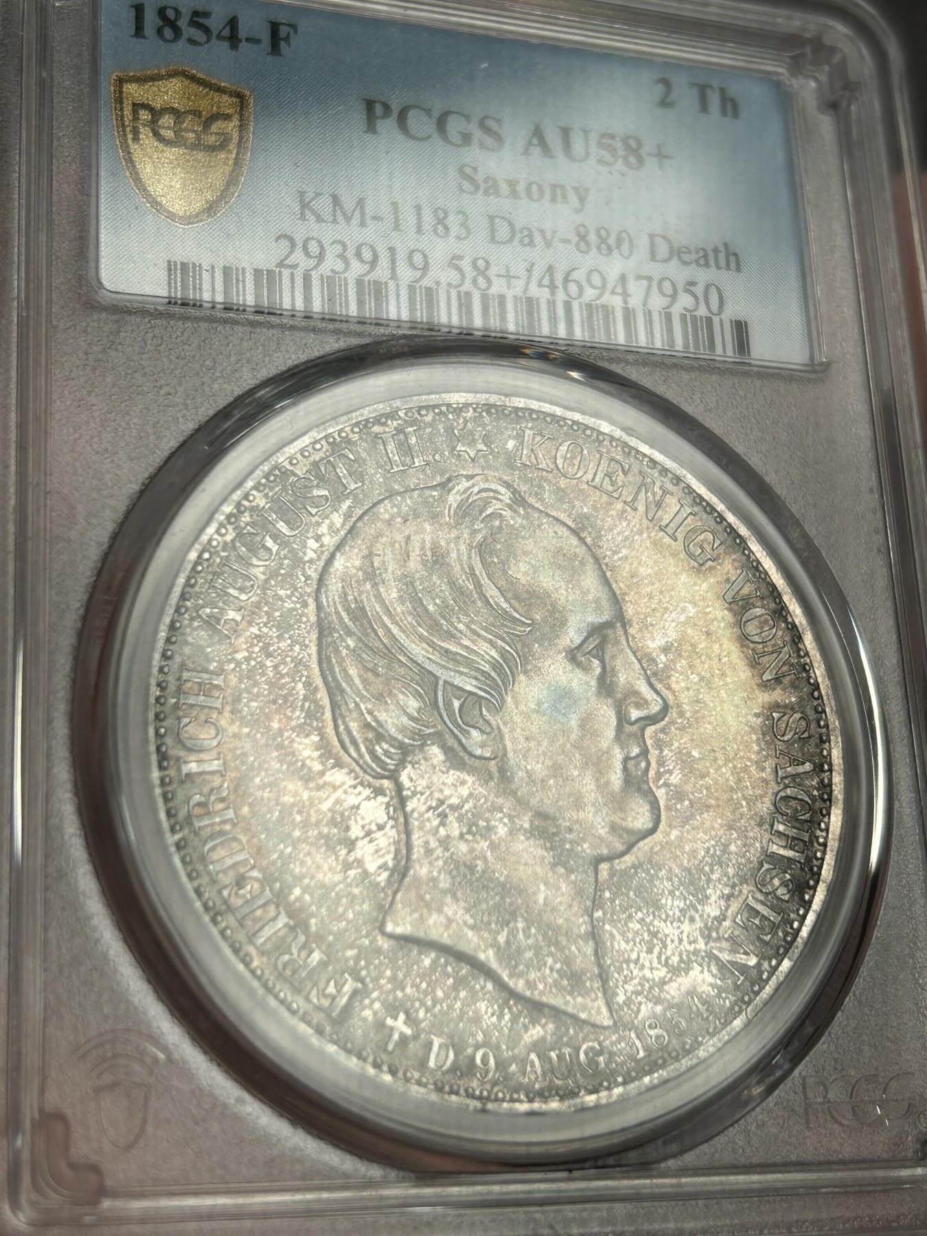万国钱币拍卖第021期（龙年首拍） PCGS AU58+ 1854年德国萨克森奥古斯特二世逝世双神纪念2泰勒 双面五彩