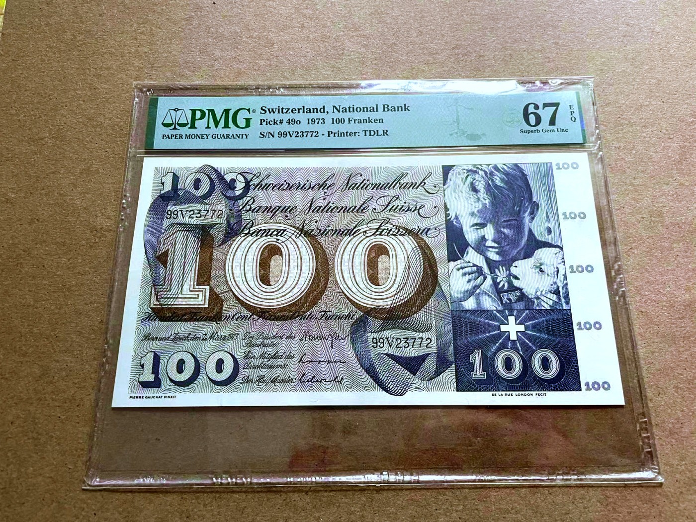 【Blue Auction】✨世界纸币精拍第433期【精】 瑞士 1973年100法郎 圣马丁割袍 大票幅 PMG67EPQ 高分 