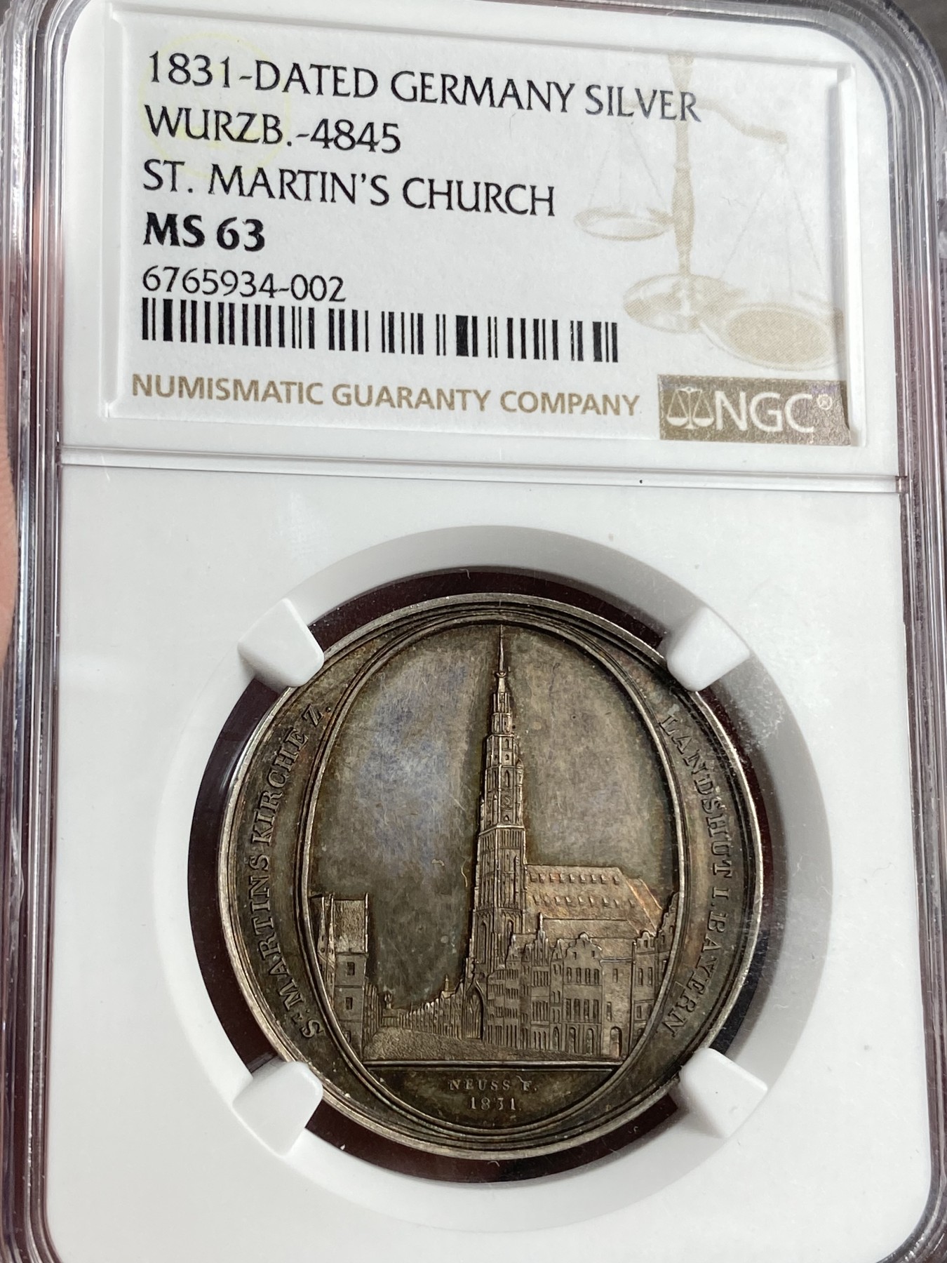 万国钱币拍卖第021期（龙年首拍） NGC MS63 1832年德国圣马丁大教堂银章 镜面五彩，顶级状态。