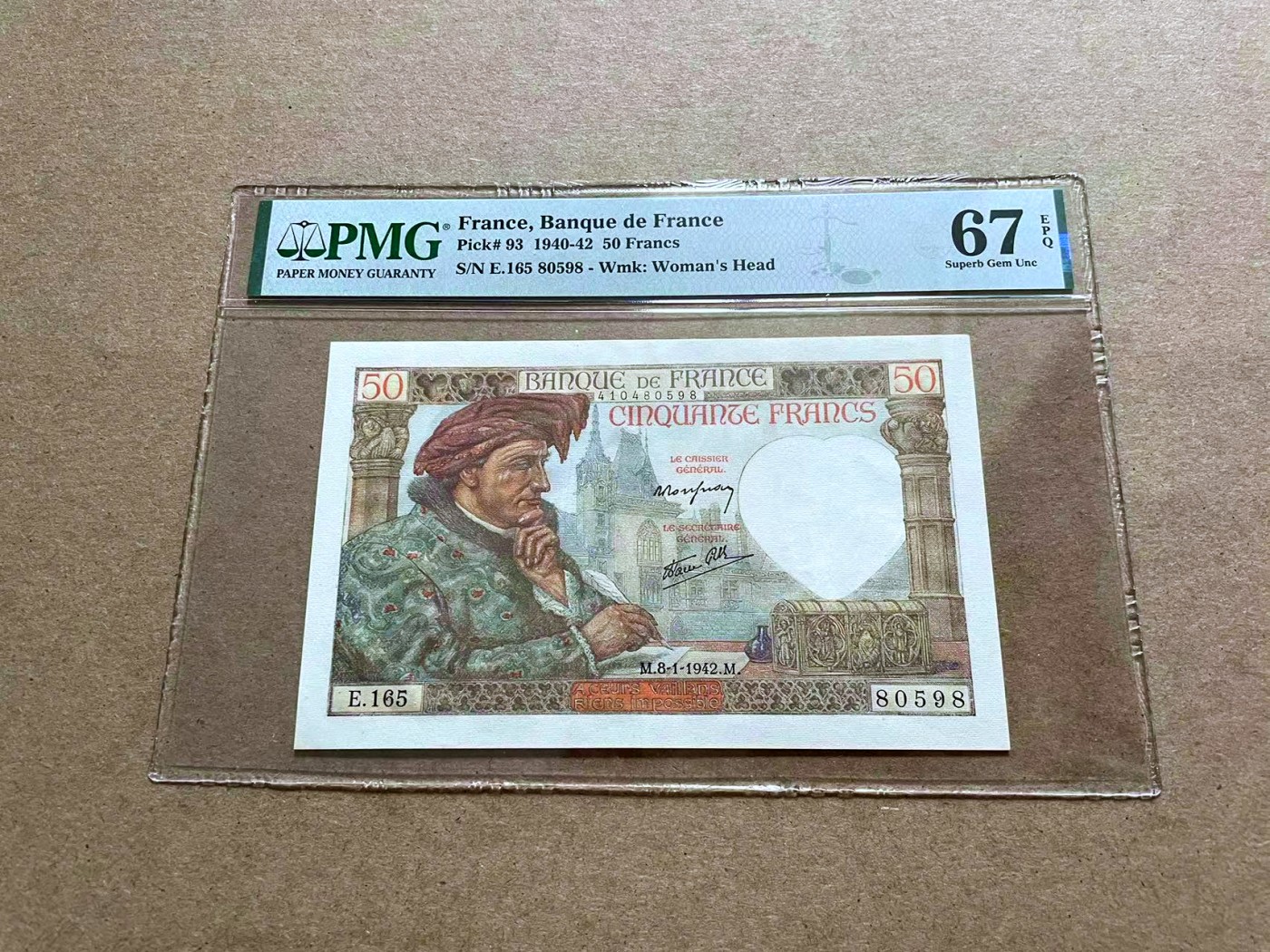 【Blue Auction】✨世界纸币精拍第433期【精】 【无47】法国 1942年50法郎 PMG67EPQ 高分