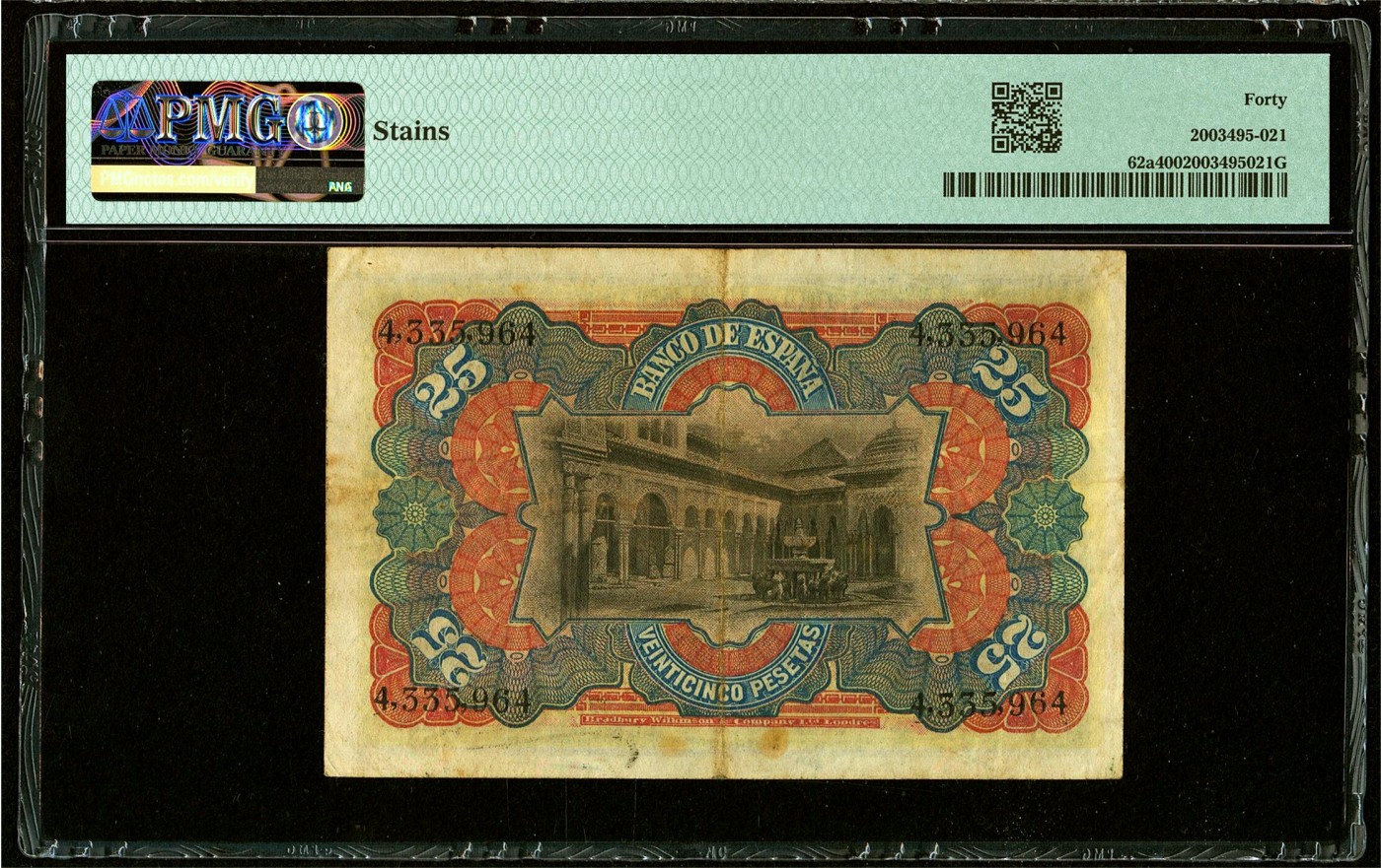 【Blue Auction】✨世界纸币精拍第433期【精】 【百年风云】西班牙 早期 BWC版 1907年25比塞塔 女神 PMG40 