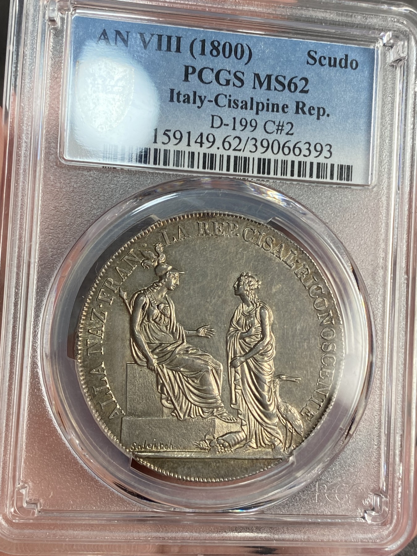 万国钱币拍卖第021期（龙年首拍） PCGS MS62 1800年意大利阿尔卑斯共和国1斯库多大银币 米兰造币厂铸 通体金彩深打 极品中的极品 大热门品种