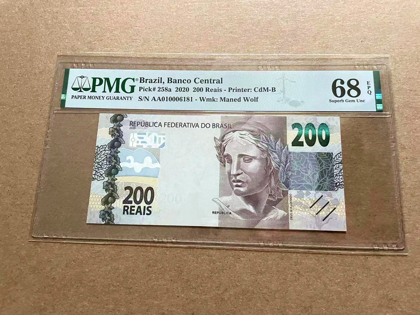 【Blue Auction】✨世界纸币精拍第434期【精】 【AA冠倒置号】巴西 2020年200瑞斯 PMG68EPQ 超高分