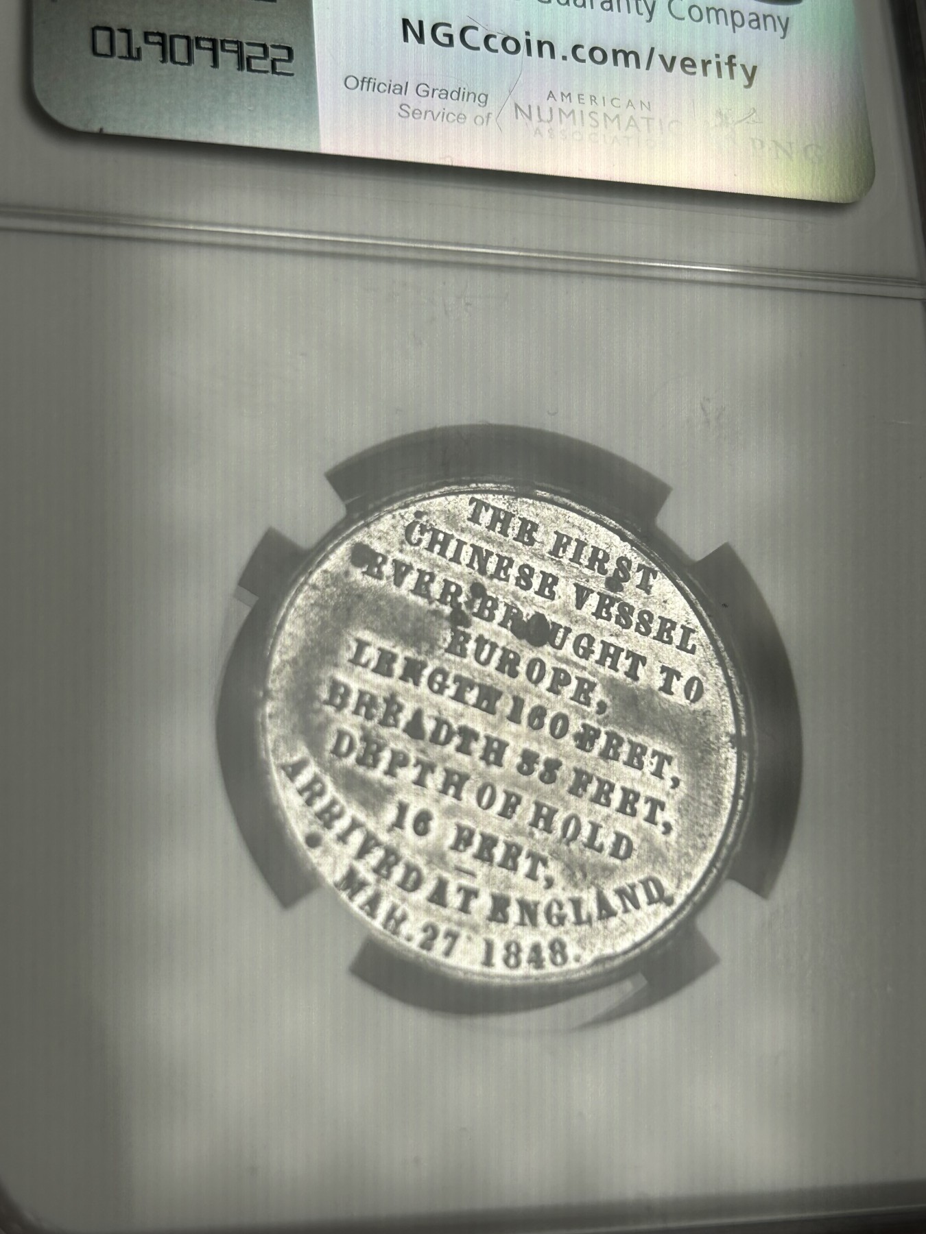 万国钱币拍卖第021期（龙年首拍） NGC MS61 1848年英国纪念大清三番帆船抵达白色金属纪念章 名誉品种