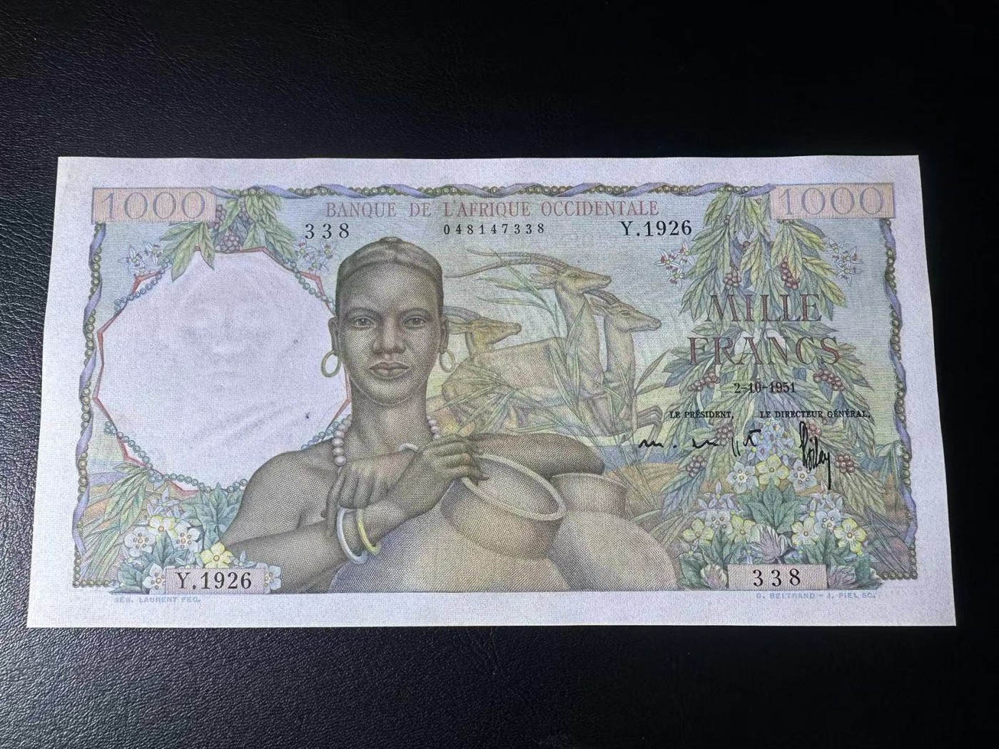 【Blue Auction】✨世界纸币精拍第434期【精】 【无47】法属西非 1951年1000法郎 AU