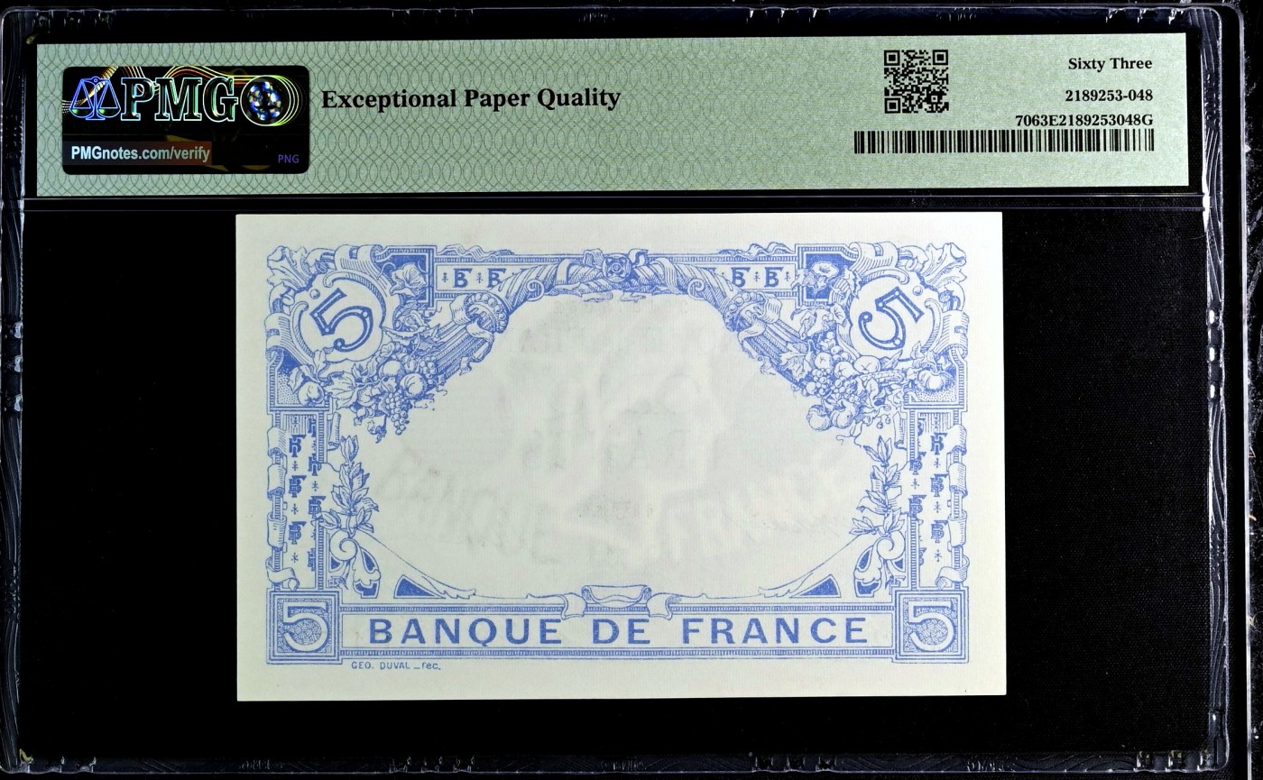 【Blue Auction】✨世界纸币精拍第434期【精】 【百年风云 巨大水印】法国 早期 1912-17年5法郎 实钞 较少见 柔和的蓝色调配合瓜果纹饰让人看着十分舒服 PMG63EPQ 全新原票 状态佳 