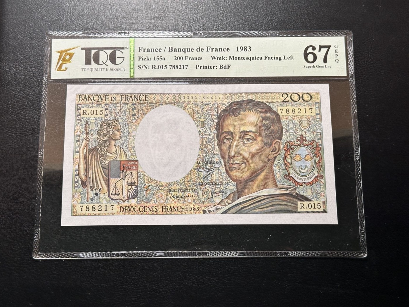 第三十六场！（本期有pmg记录仅两枚的顶级高货） 社长旧藏法国1983年200法郎，TQG67E高分！！孟德斯鸠，热门品种！