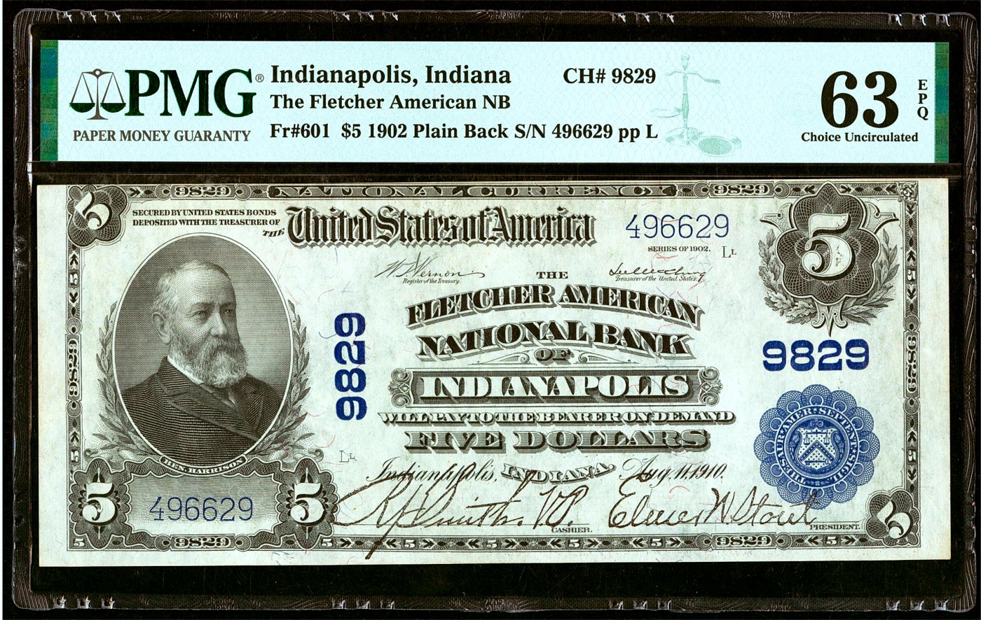 【Blue Auction】✨世界纸币精拍第434期【精】   【升值品种 少见印第安纳州】美国 印第安纳波利斯银行 1902年5美金 背面经典油画《Landing of the Pilgrims》（朝圣者登陆）设计精美 美国第23任美国总统本杰明·哈里森 大胡子雕刻佳 PMG63EPQ 全新原票 