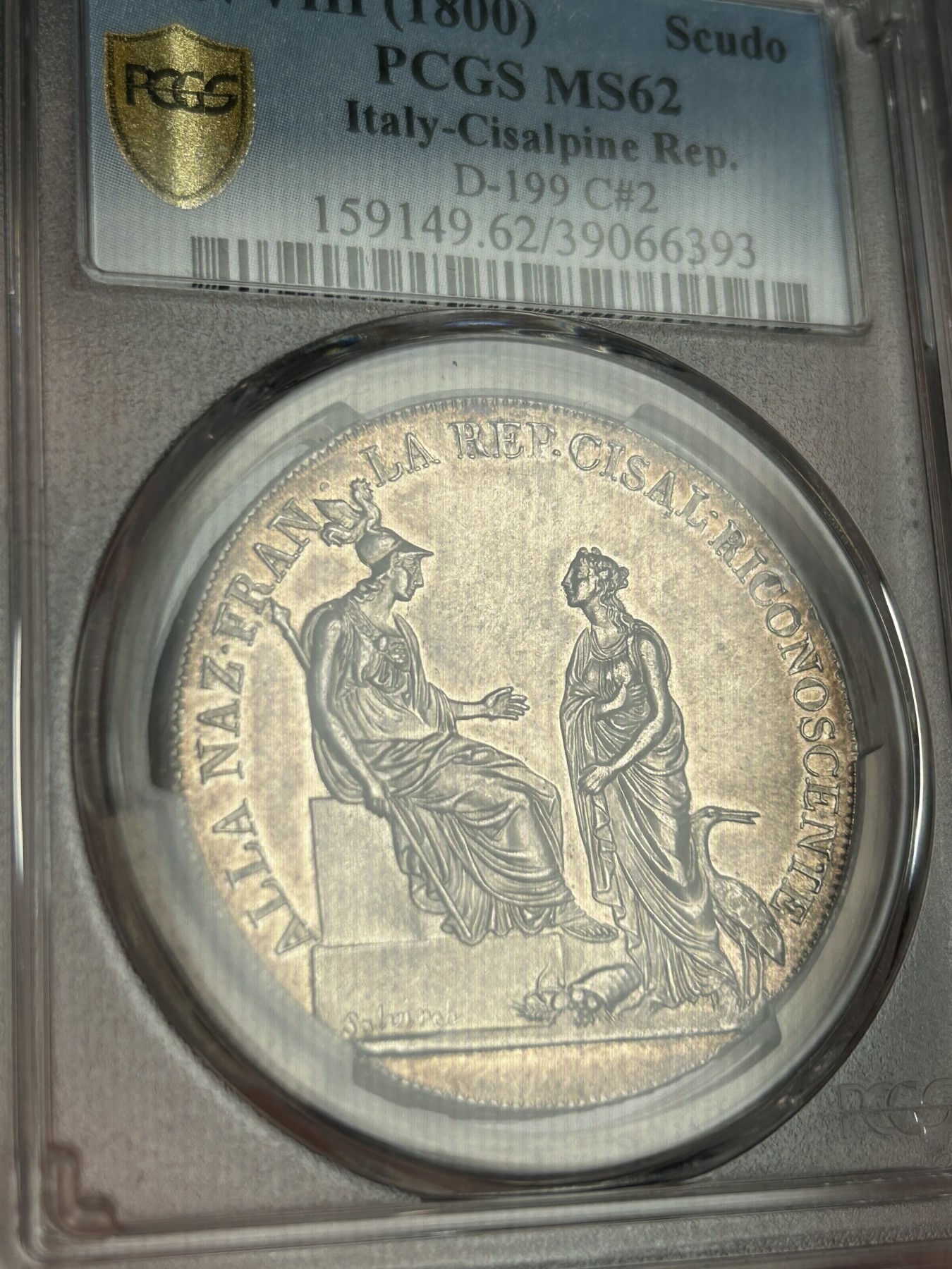 万国钱币拍卖第021期（龙年首拍） PCGS MS62 1800年意大利阿尔卑斯共和国1斯库多大银币 米兰造币厂铸 通体金彩深打 极品中的极品 大热门品种