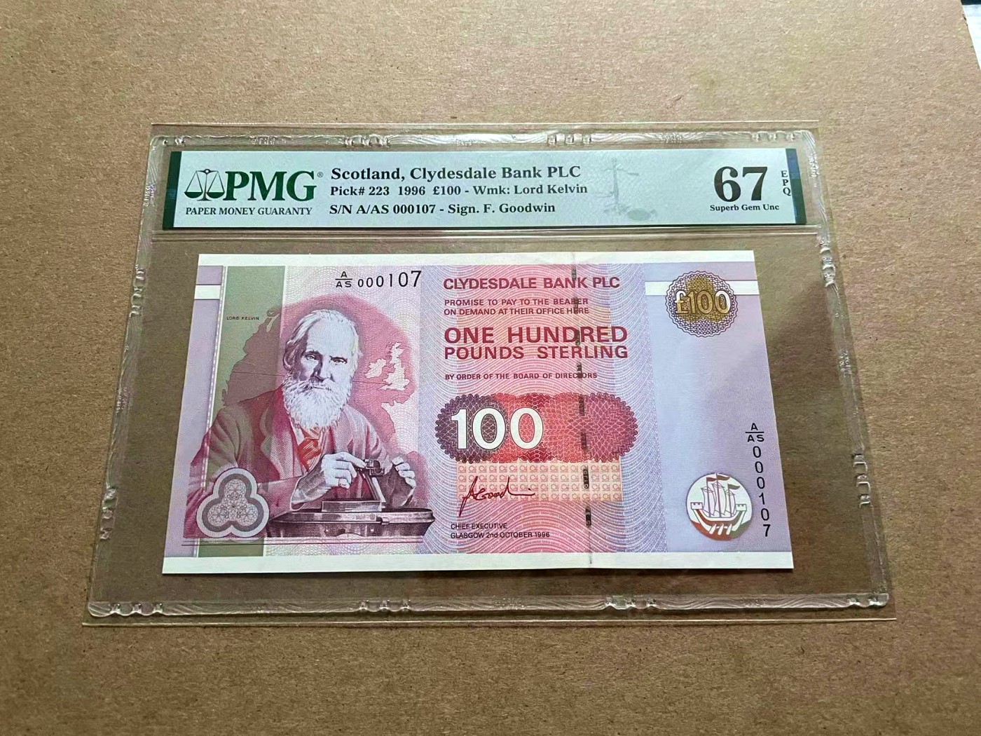 【Blue Auction】✨世界纸币精拍第434期【精】 【107小号】苏格兰 1996年100镑 PMG67EPQ 高分 开尔文教授 背面格拉斯哥大学大场景