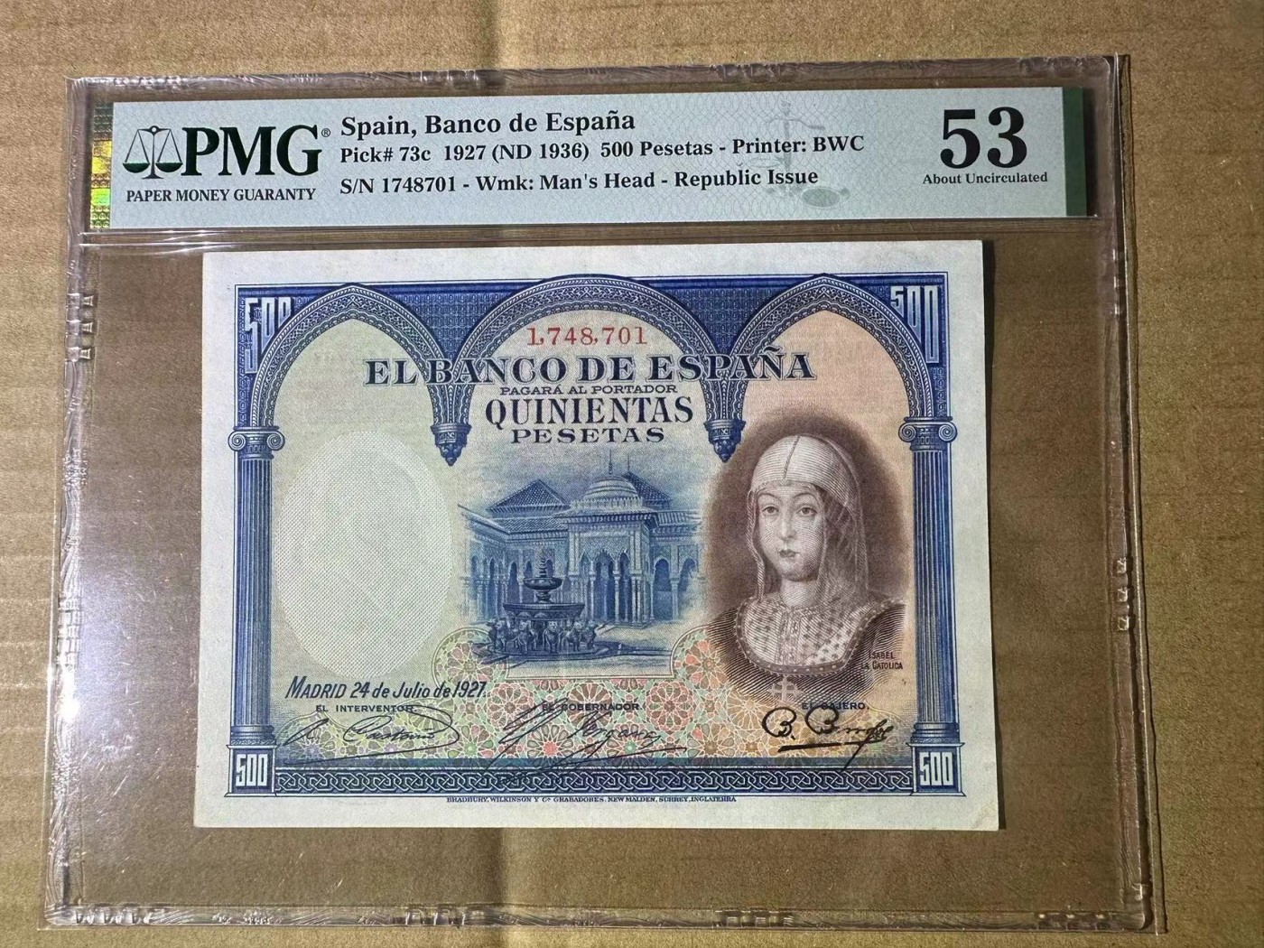 【Blue Auction】✨世界纸币精拍第434期【精】 西班牙 1927年500比塞塔 PMG53 伊莎贝拉女王 BWC出品
