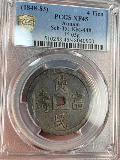 万国钱币拍卖第021期（龙年首拍） - PCGS XF45 十九世纪越南安南帝国嗣德通宝-使民富寿4T天圆地方大银币 通体黑色酱彩原味 一步到位的顶级收藏品质