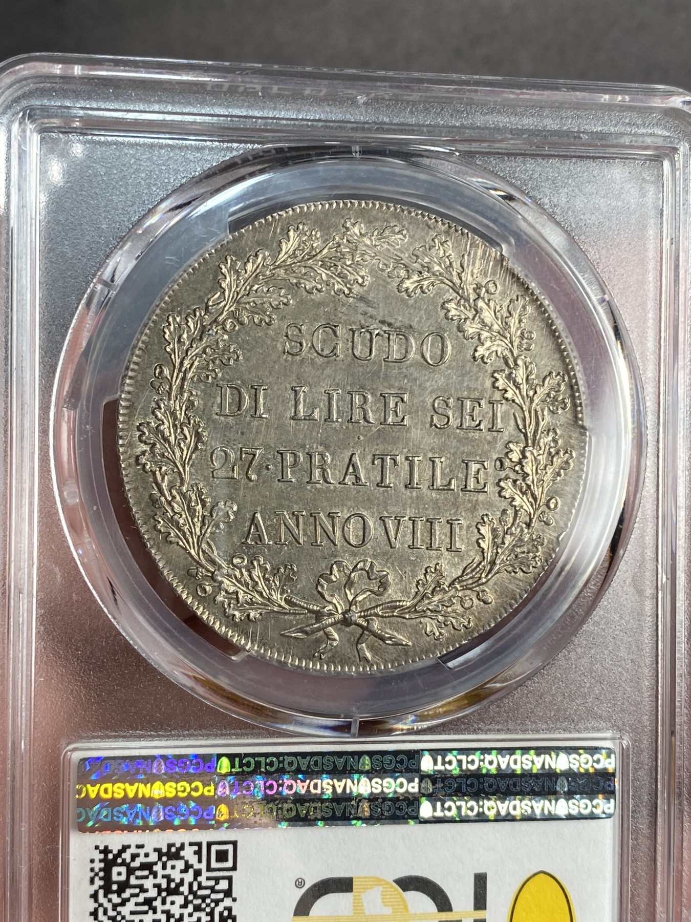 万国钱币拍卖第021期（龙年首拍） PCGS MS62 1800年意大利阿尔卑斯共和国1斯库多大银币 米兰造币厂铸 通体金彩深打 极品中的极品 大热门品种