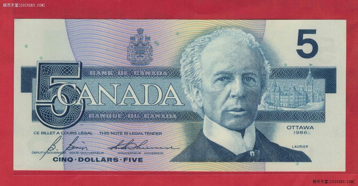 加拿大1986年5元 克劳斯P-95c 签名B-T 实物图 UNC