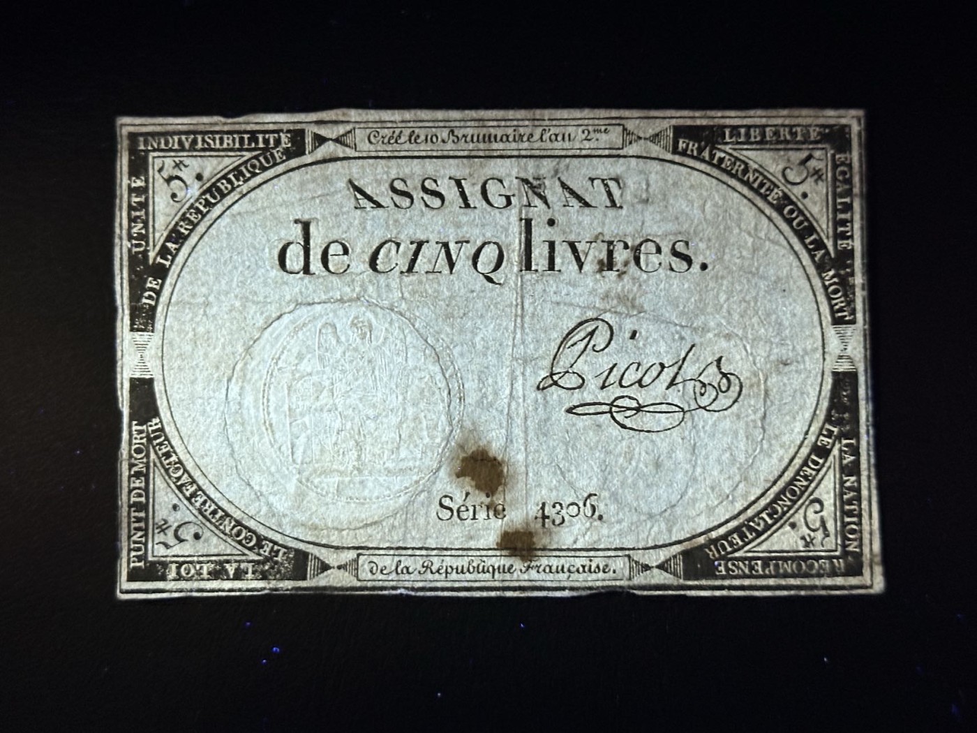 第三十六场！（本期有pmg记录仅两枚的顶级高货） 1795年法国大革命时期，5法郎，有钢戳防伪技术和水印，历史产物，200多年前的纸币！