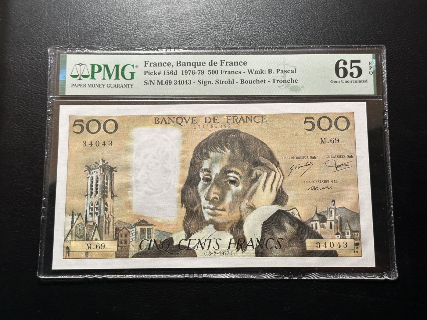 第三十六场！（本期有pmg记录仅两枚的顶级高货） 社长旧藏法国1976-79年500法郎，PMG65E！重复号！帕斯卡，热门品种！