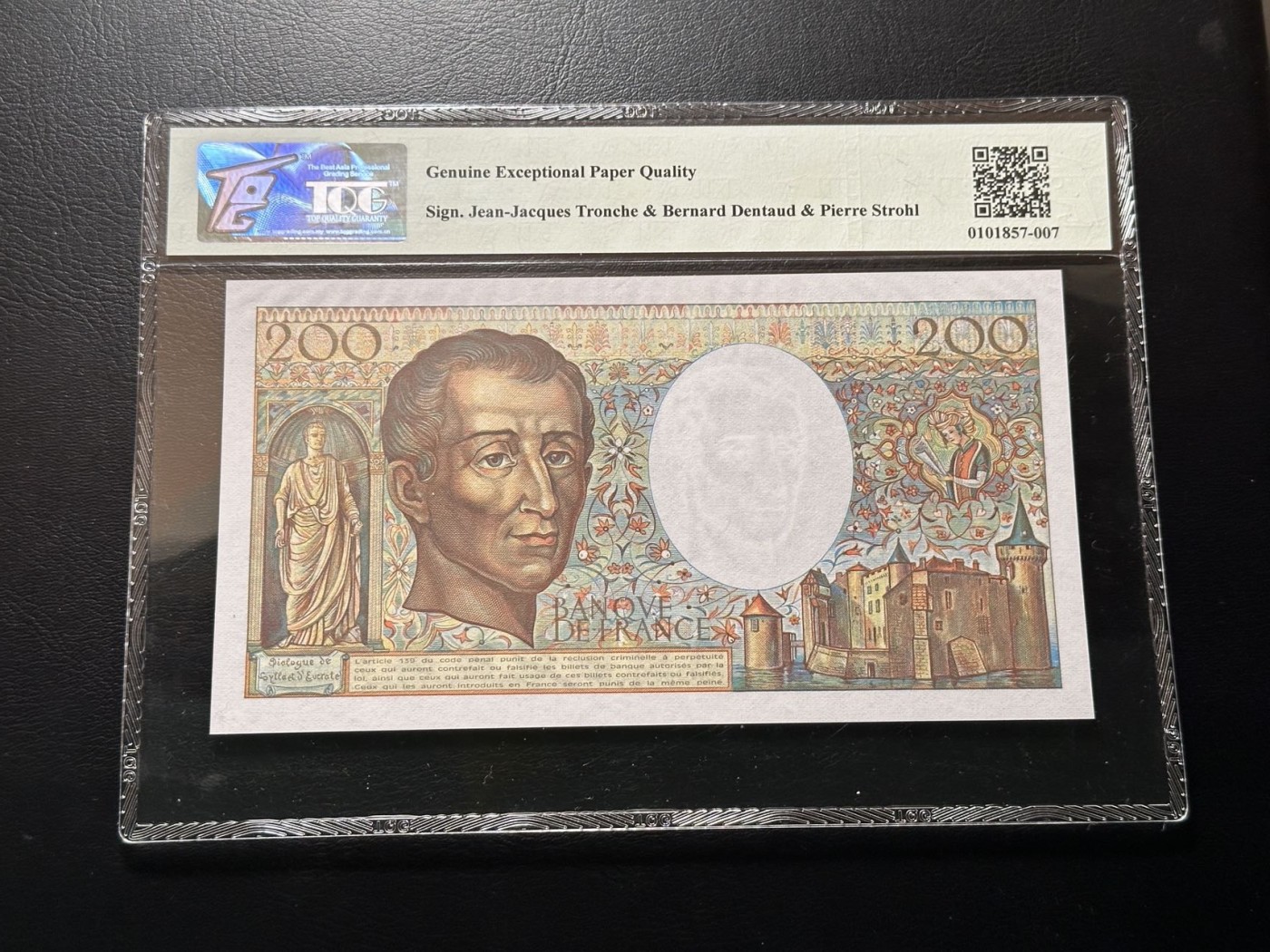 第三十六场！（本期有pmg记录仅两枚的顶级高货） 社长旧藏法国1983年200法郎，TQG67E高分！！孟德斯鸠，热门品种！