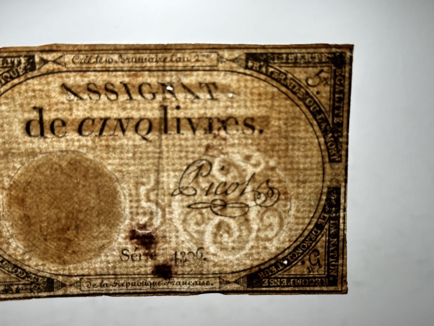 第三十六场！（本期有pmg记录仅两枚的顶级高货） 1795年法国大革命时期，5法郎，有钢戳防伪技术和水印，历史产物，200多年前的纸币！