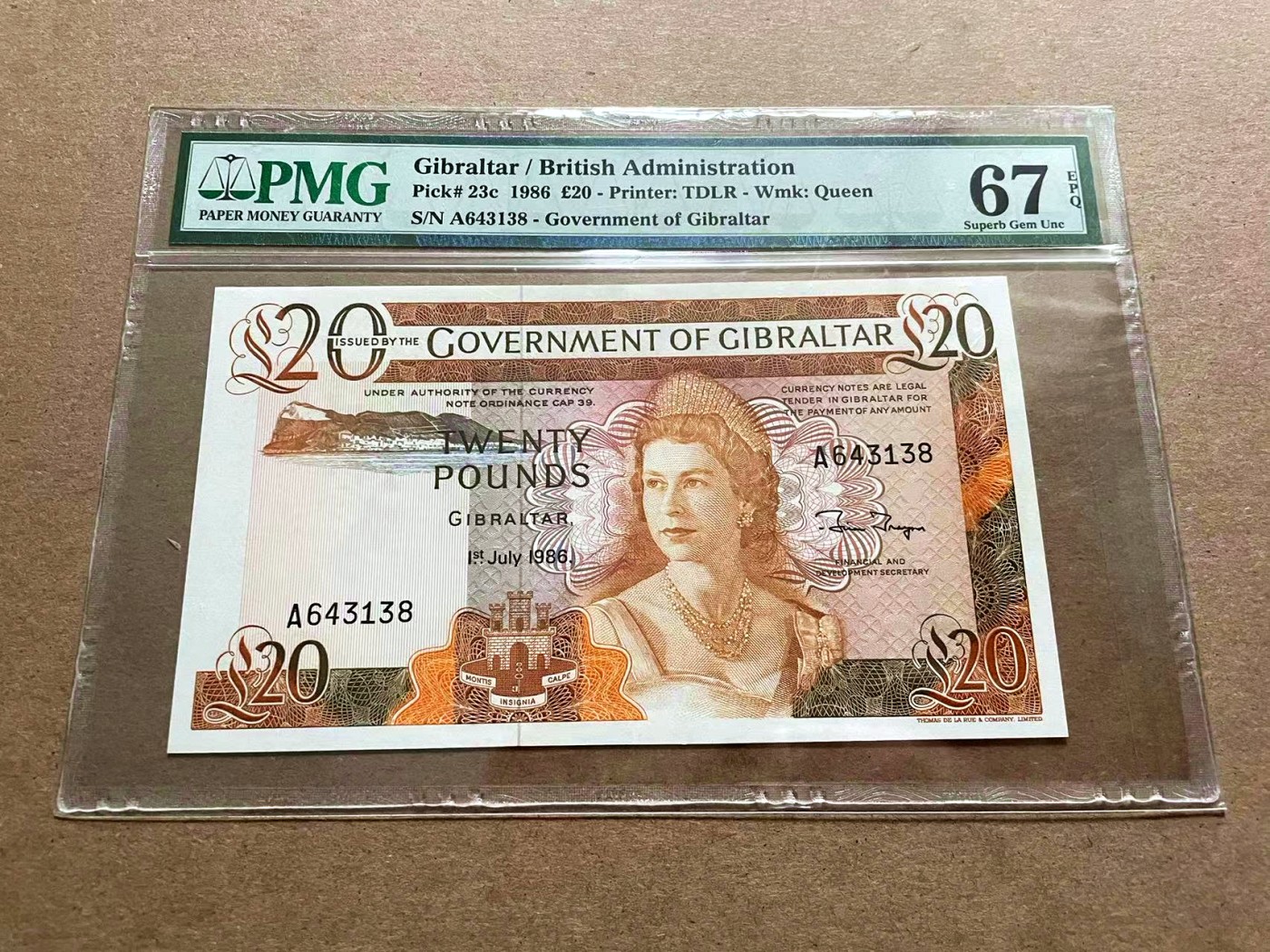 【Blue Auction】✨世界纸币精拍第434期【精】 【仅1张更高分 A冠】直布罗陀 1986年20镑 高冠女王 PMG67EPQ 高分 该套筋票面值