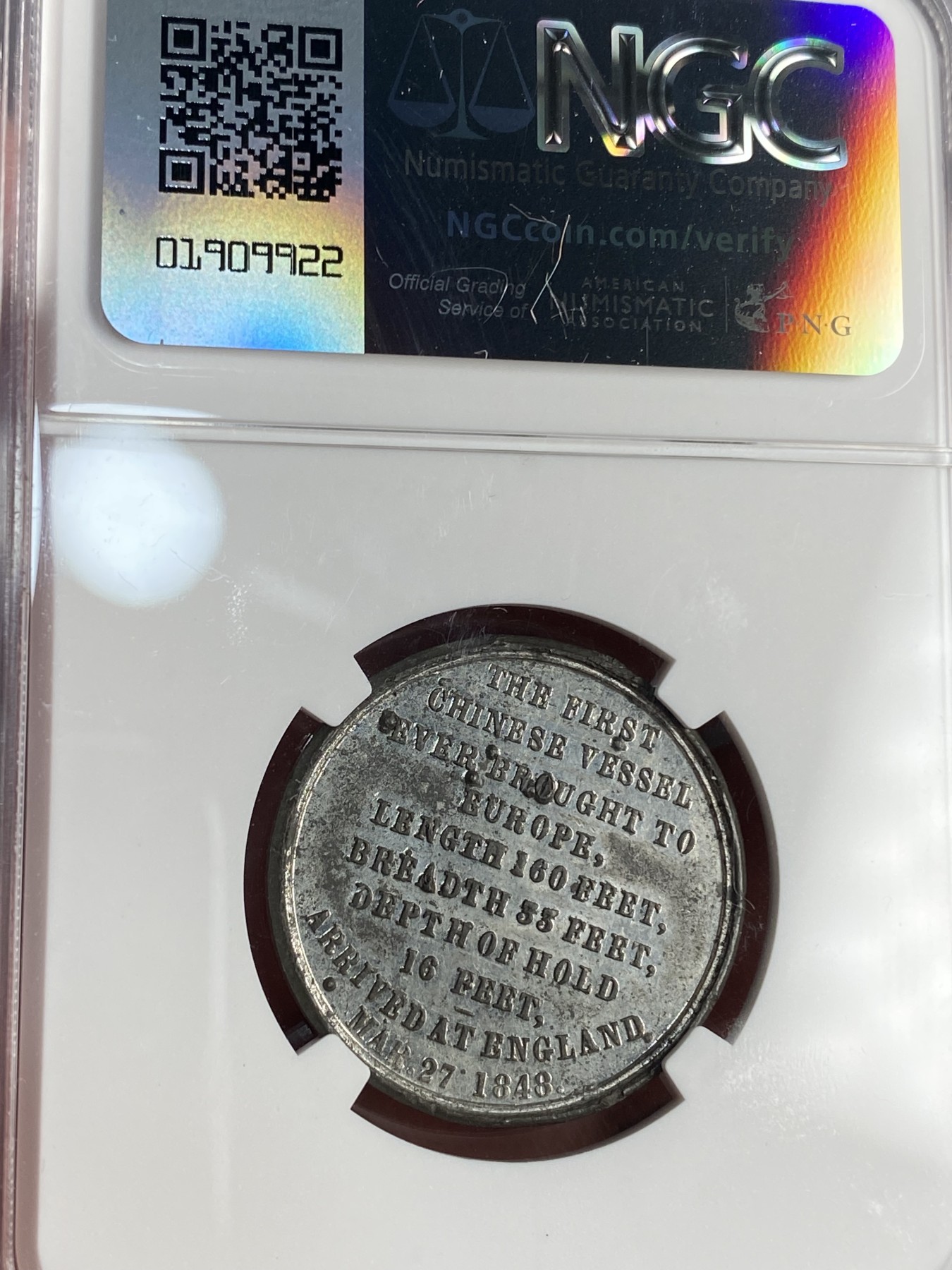 万国钱币拍卖第021期（龙年首拍） NGC MS61 1848年英国纪念大清三番帆船抵达白色金属纪念章 名誉品种