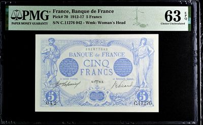 【Blue Auction】✨世界纸币精拍第434期【精】 - 【百年风云 巨大水印】法国 早期 1912-17年5法郎 实钞 较少见 柔和的蓝色调配合瓜果纹饰让人看着十分舒服 PMG63EPQ 全新原票 状态佳 