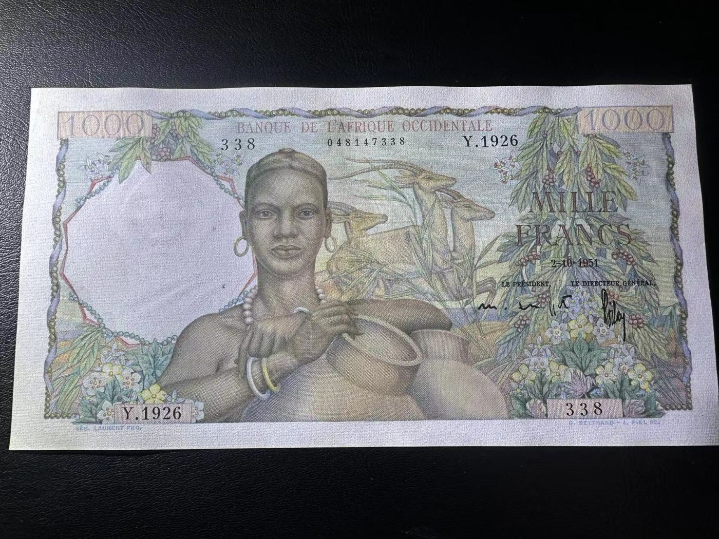 【Blue Auction】✨世界纸币精拍第434期【精】 【无47】法属西非 1951年1000法郎 AU