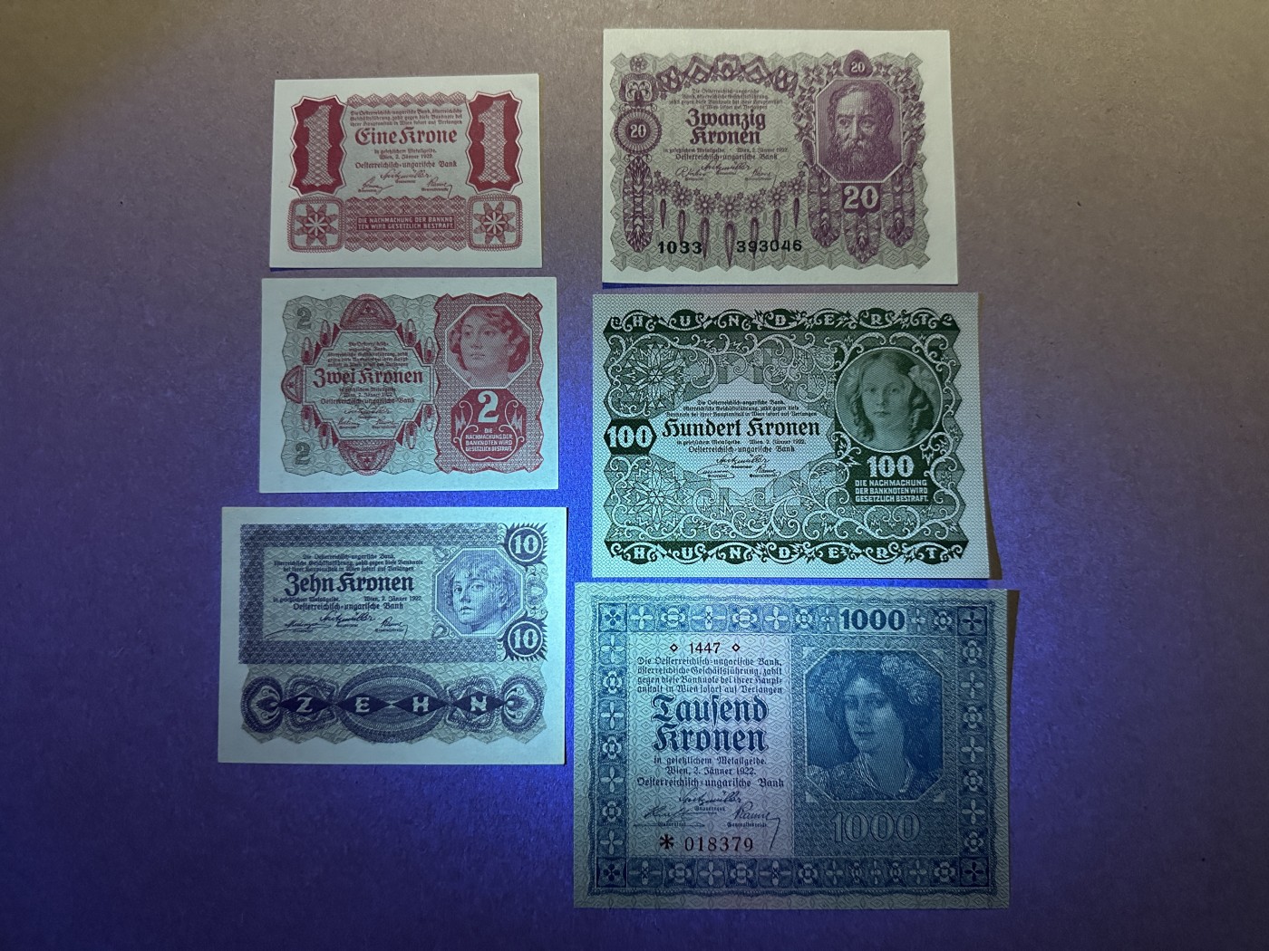 《张总收藏》138期-节后首期外币高货场 奥地利1、2、10、20、100、1000克朗6张 UNC 1922年老版本