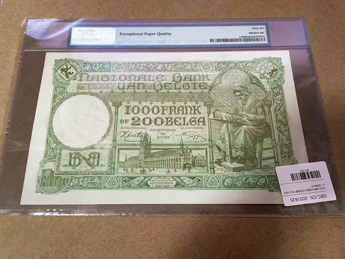 【Blue Auction】✨世界纸币精拍第435期【精】 【倒置号】比利时 1939-44年1000法郎 PMG66EPQ 